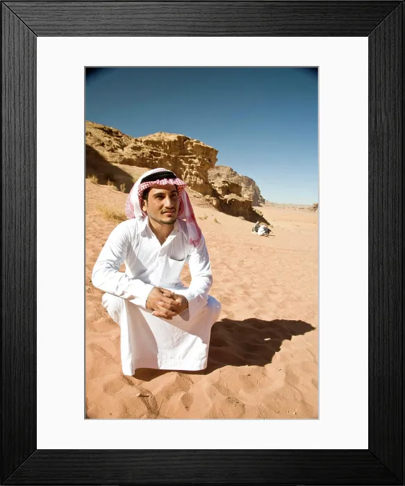 Framed Print : Jordan, Wadi Rum. Bedouin desert guide on the pink sands of the Wadi Rum wilderness, Jordan. (MR) Framed Print : Jordan, Wadi Rum. Bedouin desert guide on the pink sands of the Wadi Rum wilderness, Jordan. (MR)