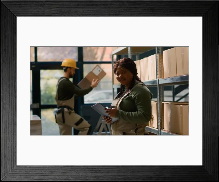 Framed Print : Warehouse head of logistics and trainee Framed Print : Warehouse head of logistics and trainee