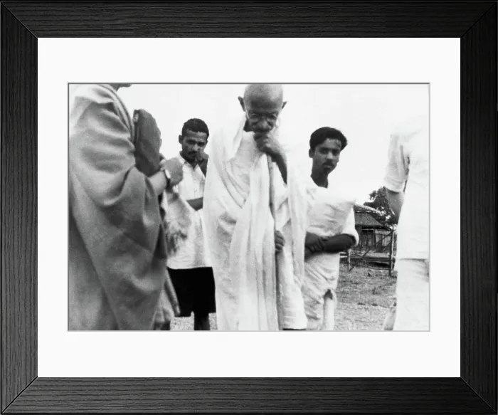 Framed Print : Mahatma Gandhi walking with Dhirendra Chatterjee brother of Abha Gandhi and others at Sevagram Ashram