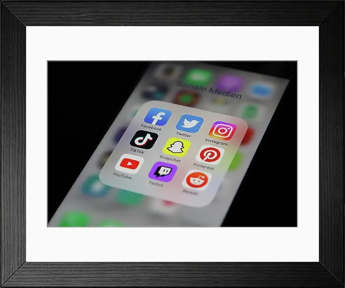 Framed Print : Social media icon, detailed view of a smartphone with social media apps Framed Print : Social media icon, detailed view of a smartphone with social media apps