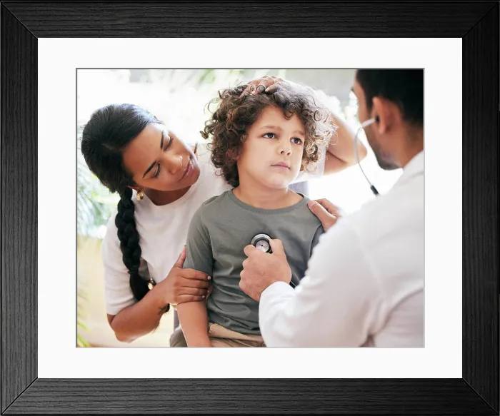 Framed Print : Healthcare, child and doctor consultation for heartbeat with stethoscope Framed Print : Healthcare, child and doctor consultation for heartbeat with stethoscope