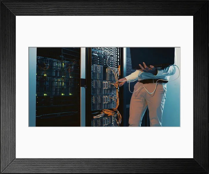 Framed Print : Hands, laptop and system test in server room for diagnostics Framed Print : Hands, laptop and system test in server room for diagnostics