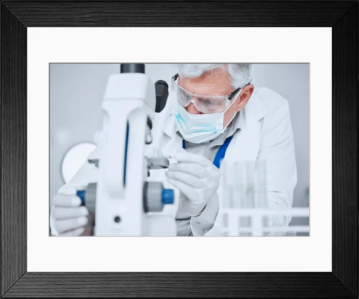 Framed Print : Microscope, science and study with old man in laboratory for pharmacy