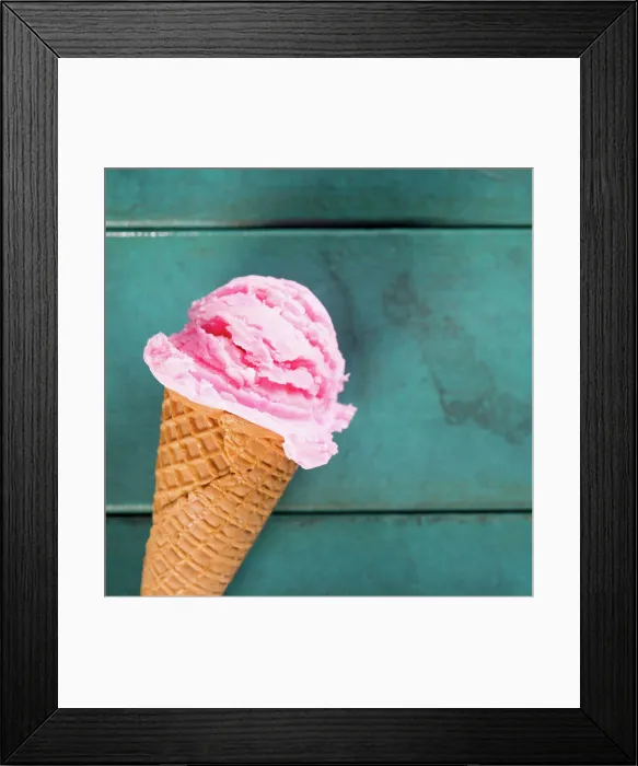Framed Print : Strawberry ice cream in blue close up Top view strawberry ice cream waffle cone on blue wooden background Framed Print : Strawberry ice cream in blue close up Top view strawberry ice cream waffle cone on blue wooden background