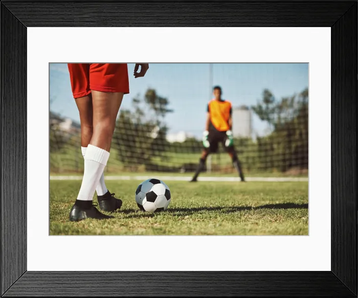 Framed Print : Sports, soccer field and legs of athlete with goalkeeper ready for penalty kick Framed Print : Sports, soccer field and legs of athlete with goalkeeper ready for penalty kick