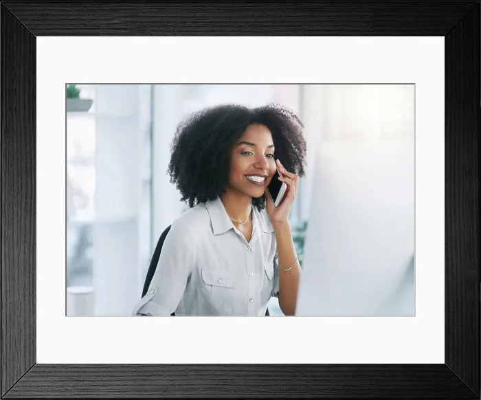Framed Print : Phone call, computer and business with woman Framed Print : Phone call, computer and business with woman