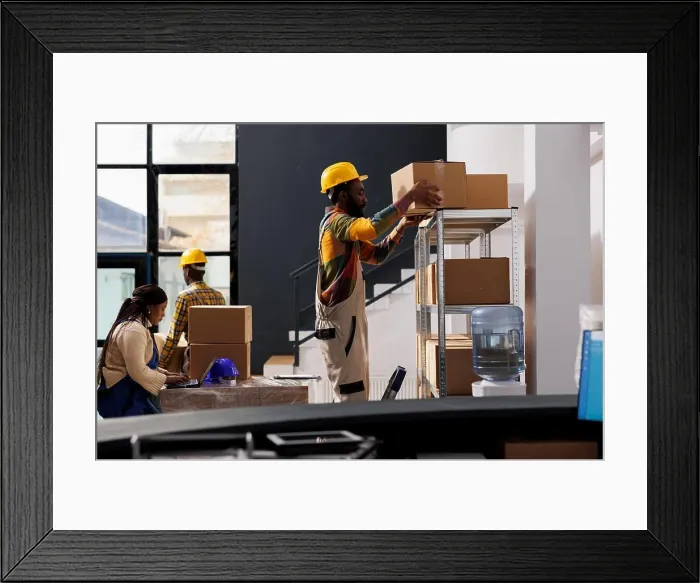 Framed Print : Warehouse managers team picking buyer order and choosing box Framed Print : Warehouse managers team picking buyer order and choosing box