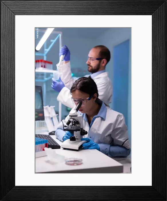 Framed Print : Chemist researchers working in laboratory with micropipette and microscope Framed Print : Chemist researchers working in laboratory with micropipette and microscope