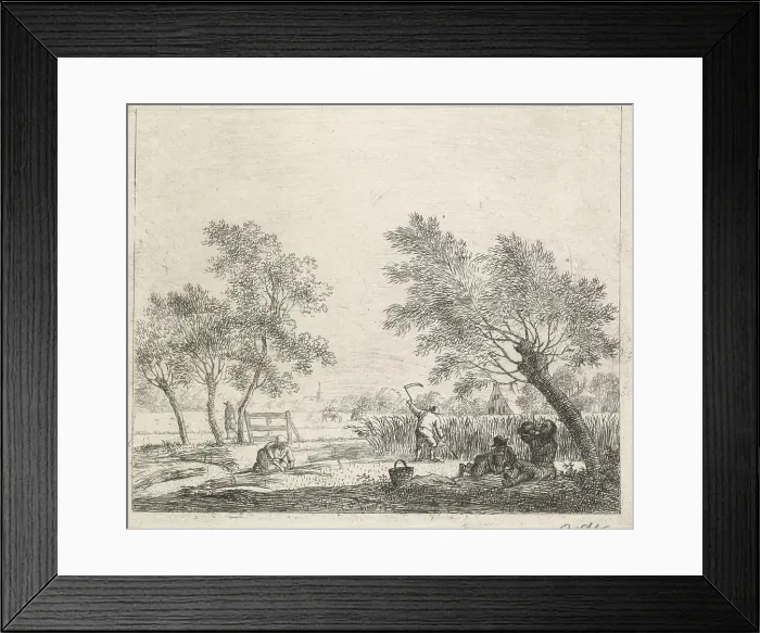 Framed Print : Landscape with peasant woman tying corn together and a farmer harvesting corn Framed Print : Landscape with peasant woman tying corn together and a farmer harvesting corn