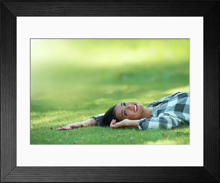 Framed Print : Space, thinking or woman on grass in park to relax for rest in garden