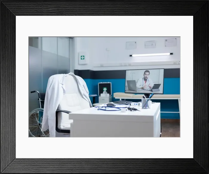 Framed Print : Computer with remote doctor having online telework videocall Framed Print : Computer with remote doctor having online telework videocall