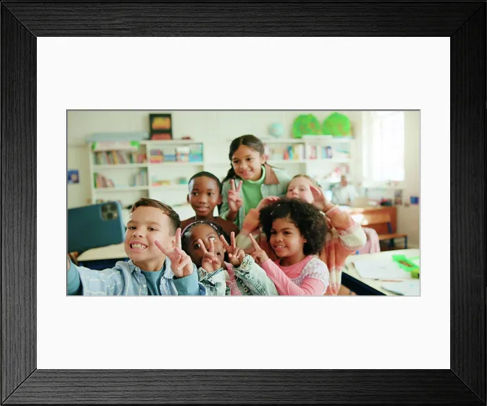 Framed Print : Education, peace sign and selfie with children in class together for learning or memories Framed Print : Education, peace sign and selfie with children in class together for learning or memories