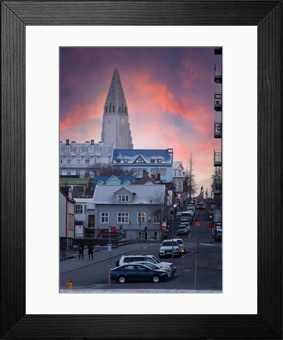Framed Print : sunset in reikiavik skiline with special church Framed Print : sunset in reikiavik skiline with special church
