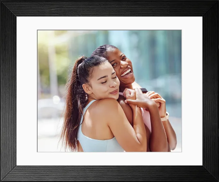 Framed Print : Hug, fitness and friends training in the city with smile for outdoor workout together in summer Framed Print : Hug, fitness and friends training in the city with smile for outdoor workout together in summer