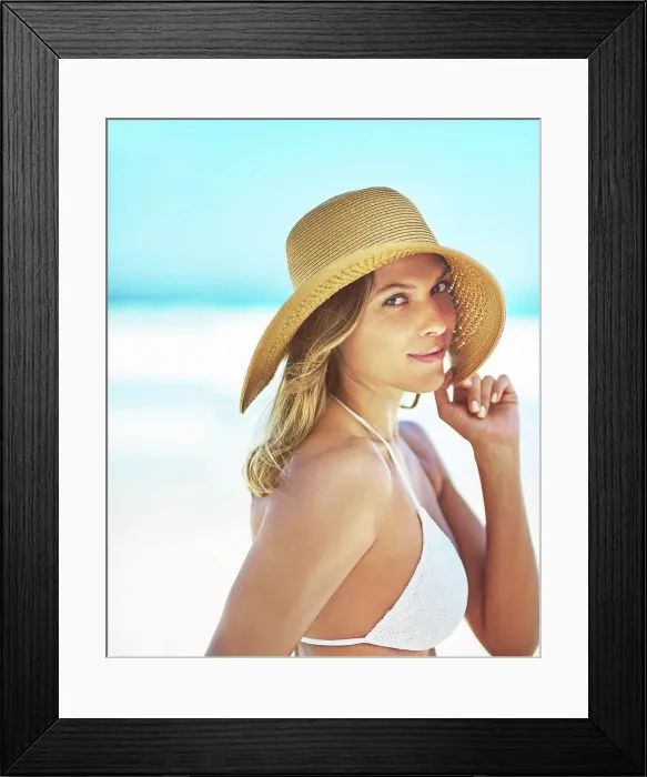 Framed Print : Happy, space and portrait of woman at beach for summer vacation