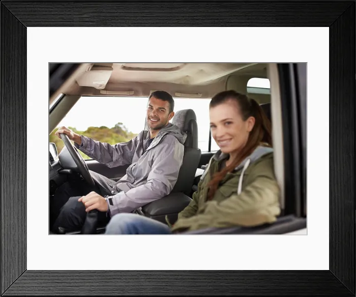 Framed Print : Couple, man and portrait on road trip with travel for adventure Framed Print : Couple, man and portrait on road trip with travel for adventure