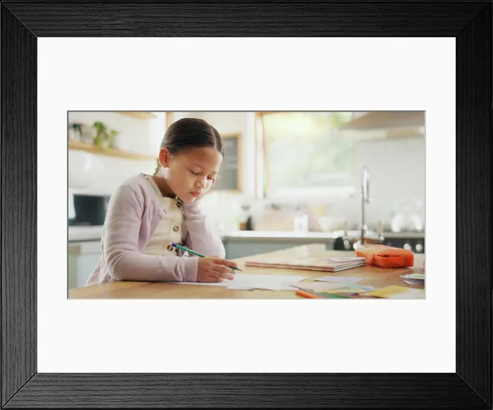 Framed Print : Tired, yawn and child with homework in kitchen Framed Print : Tired, yawn and child with homework in kitchen