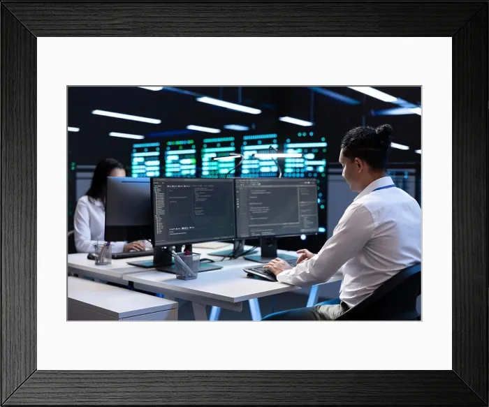 Framed Print : Technicians in data center workspace running system diagnostic tests and error checking utilities to fix problems