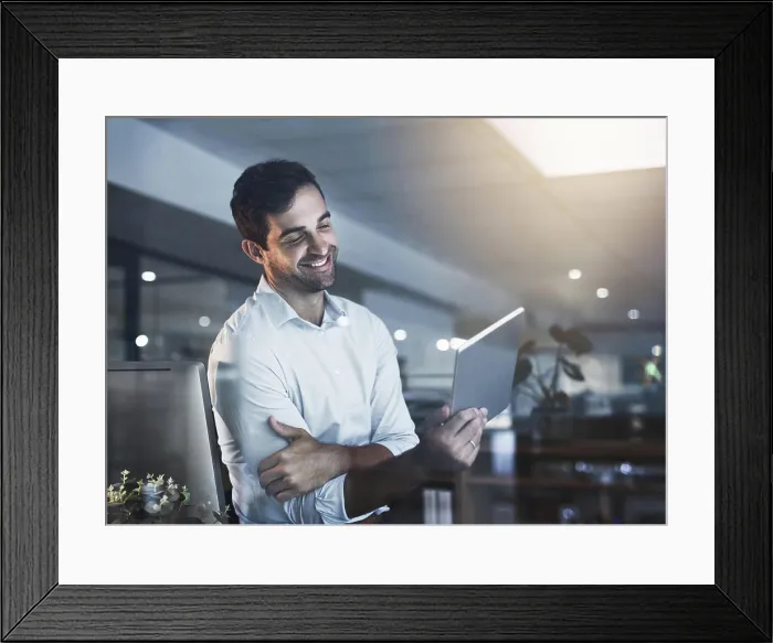 Framed Print : Programmer, tablet and smile with night office Framed Print : Programmer, tablet and smile with night office
