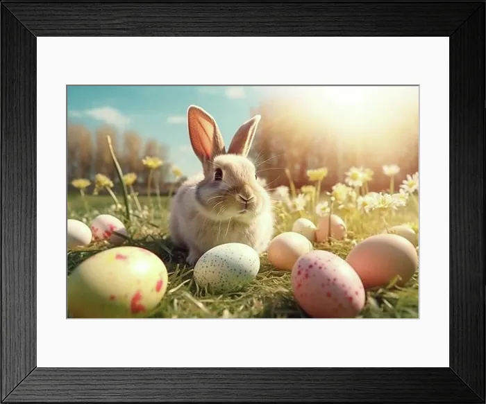 Framed Print : A cute Easter bunny in front of colourful Easter eggs in a green spring meadow under a blue sky, AI generated Framed Print : A cute Easter bunny in front of colourful Easter eggs in a green spring meadow under a blue sky, AI generated