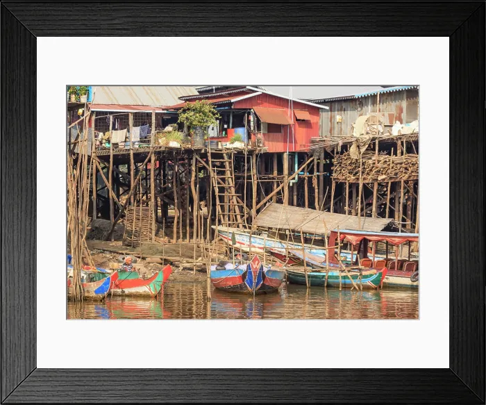 Framed Print : Cambodia, Siem Reap. Houses on stilts and boats in the water Framed Print : Cambodia, Siem Reap. Houses on stilts and boats in the water