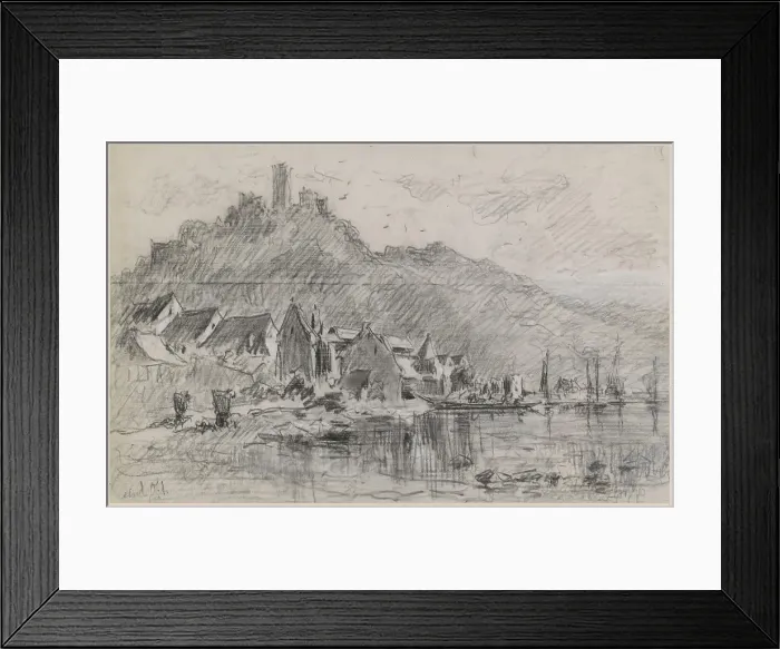 Framed Print : Waterfront village at the foot of a hill Framed Print : Waterfront village at the foot of a hill