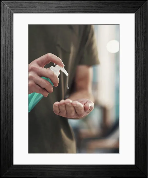 Framed Print : Person, hands and sanitizer with drop for hygiene Framed Print : Person, hands and sanitizer with drop for hygiene