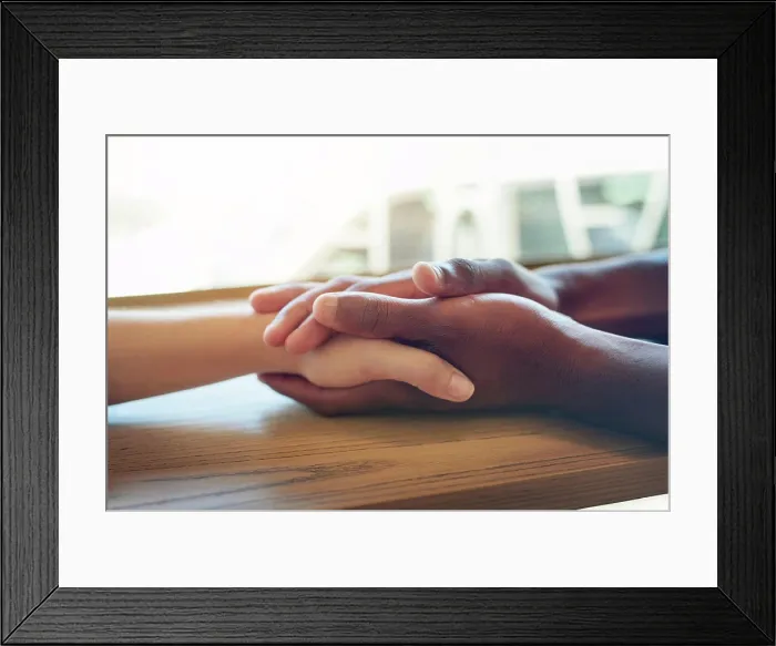 Framed Print : Holding hands, interracial and together for support Framed Print : Holding hands, interracial and together for support