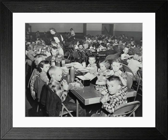 Framed Print : Vintage photograph. School children drinking milk made available to them under the Special Milk Program Framed Print : Vintage photograph. School children drinking milk made available to them under the Special Milk Program