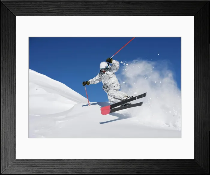 Framed Print : Man in white & grey camo suit off-piste