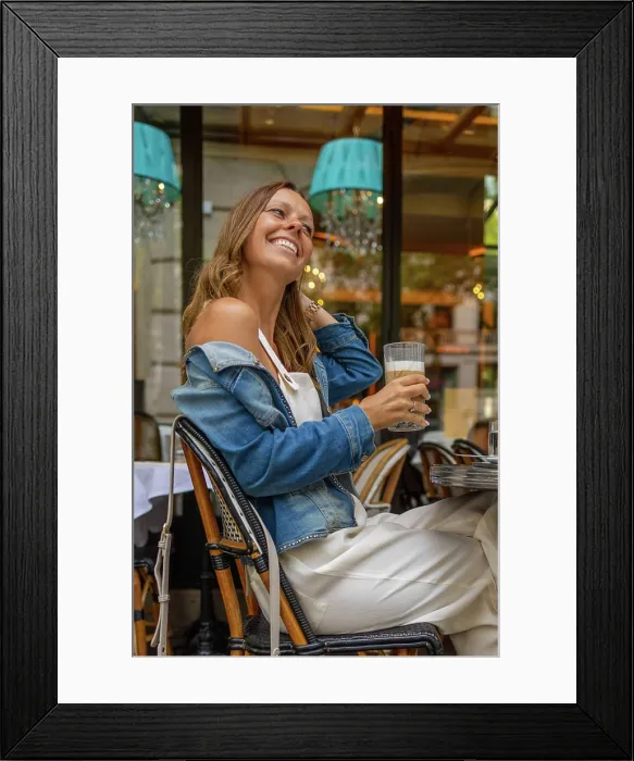 Framed Print : Woman enjoying a latte and relaxing at a Paris cafe Framed Print : Woman enjoying a latte and relaxing at a Paris cafe