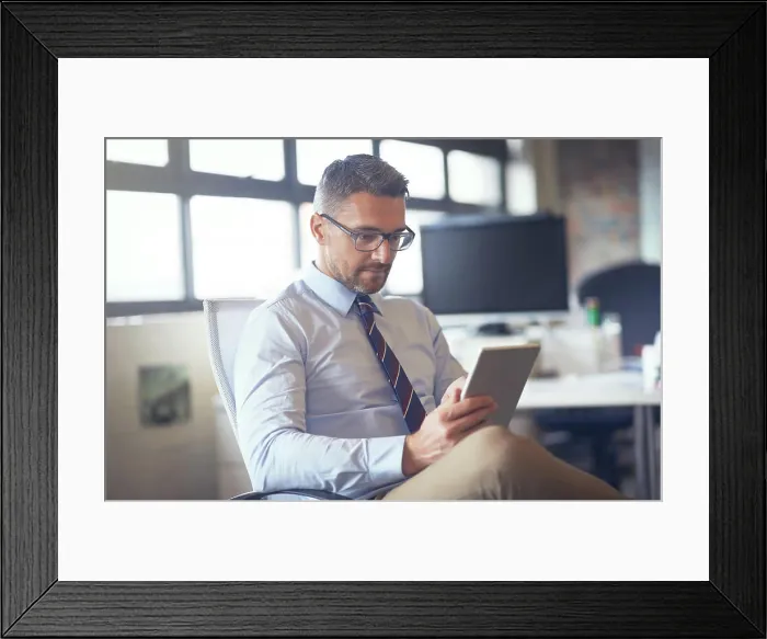 Framed Print : Online, typing and man with tablet Framed Print : Online, typing and man with tablet