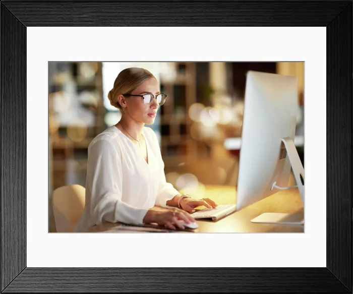 Framed Print : Business, night and woman with computer Framed Print : Business, night and woman with computer