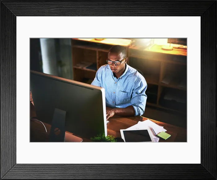 Framed Print : Business man, night developer and computer with office typing and project web research Framed Print : Business man, night developer and computer with office typing and project web research