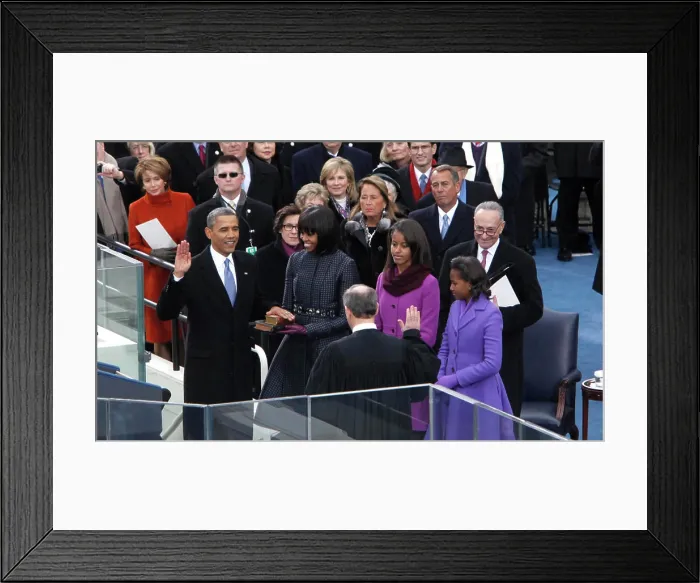 Framed Print : President Barack Obama takes the oath of office from Chief Justice John Roberts with First Lady Michelle Obama