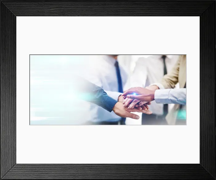Framed Print : Mockup, teamwork and business people with stack of hands for support Framed Print : Mockup, teamwork and business people with stack of hands for support