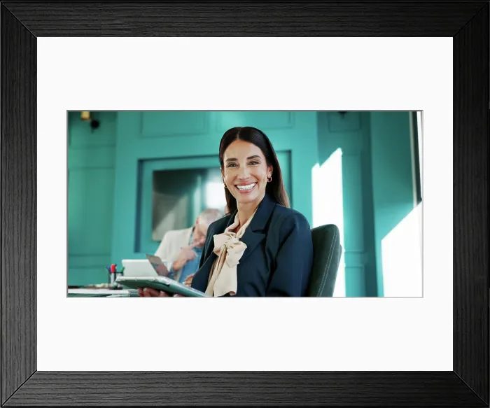 Framed Print : Office, tablet and portrait of business woman for online website