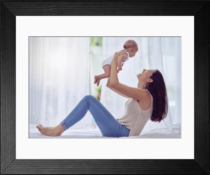 Framed Print : Happy mom, baby and bonding with love on bed for woman Framed Print : Happy mom, baby and bonding with love on bed for woman