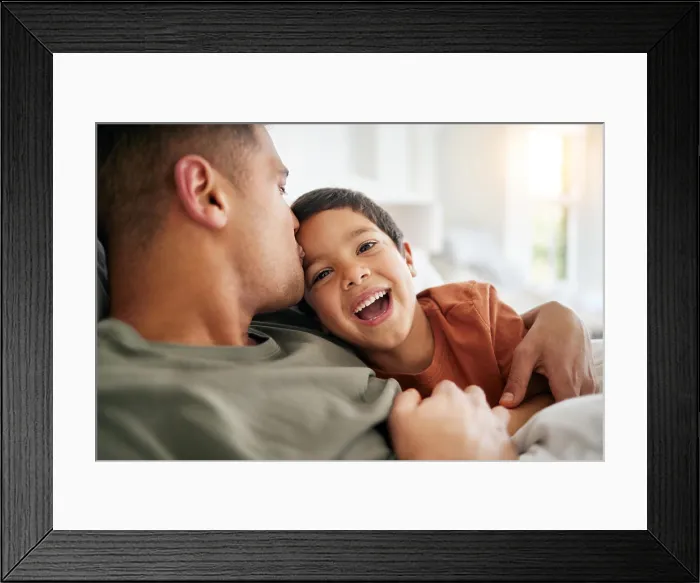 Framed Print : Happy, dad and portrait of child in bed with happiness Framed Print : Happy, dad and portrait of child in bed with happiness