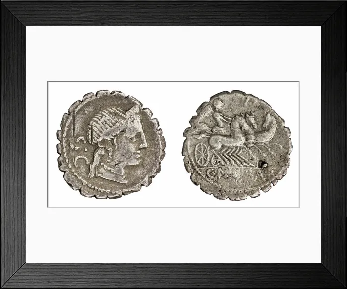 Framed Print : denarius (serratus). Naevius Balbus, C. (fl. 79 a.C.), monetary officer, Republika Rzymska, issuer Framed Print : denarius (serratus). Naevius Balbus, C. (fl. 79 a.C.), monetary officer, Republika Rzymska, issuer