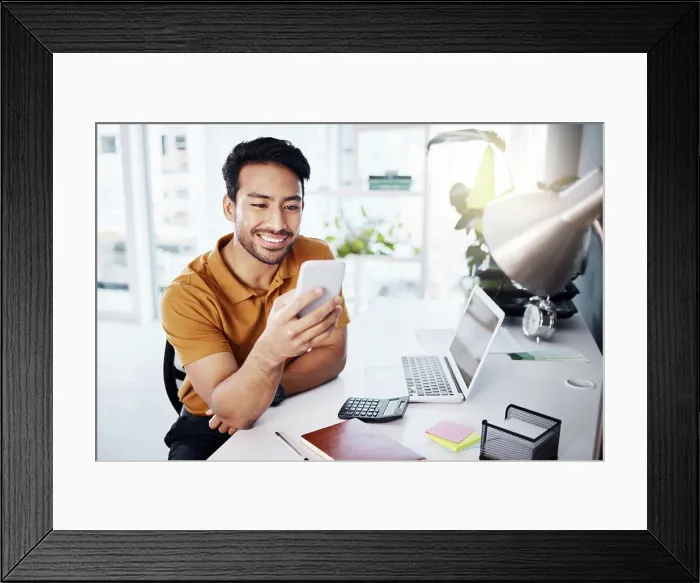 Framed Print : Phone communication, office and happy man typing Framed Print : Phone communication, office and happy man typing