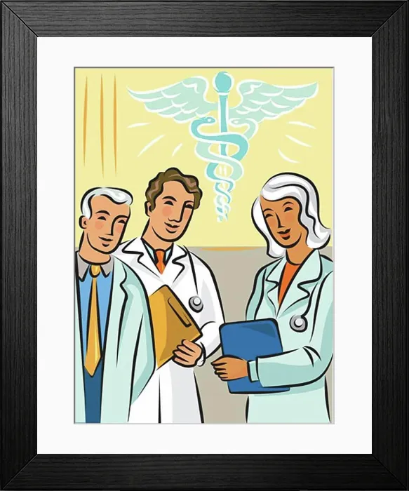 Framed Print : Doctors standing near a caduceus symbol Framed Print : Doctors standing near a caduceus symbol