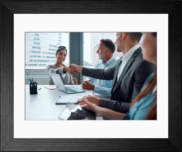 Framed Print : Business woman, handshake and partnership meeting for b2b interview Framed Print : Business woman, handshake and partnership meeting for b2b interview