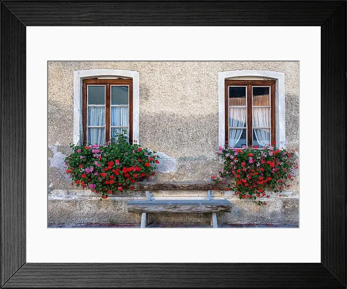 Framed Print : House facade, windows and floral decorations Framed Print : House facade, windows and floral decorations
