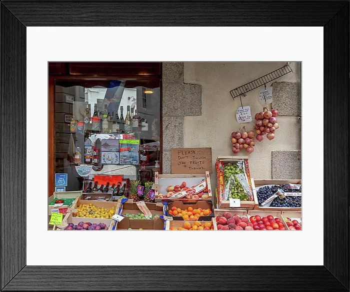Framed Print : Shop with a range of different types of fruit and the famous Roscoff onions, Roscoff, Brittany, France, Europe Framed Print : Shop with a range of different types of fruit and the famous Roscoff onions, Roscoff, Brittany, France, Europe