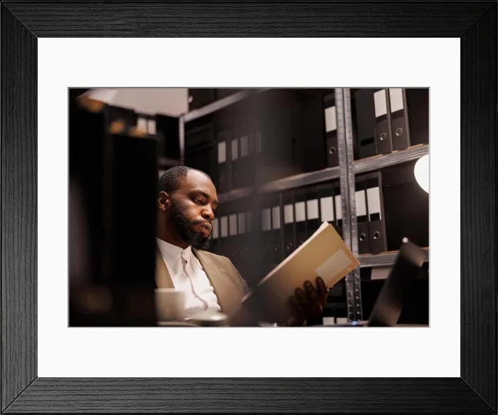 Framed Print : Exhausted african american detective solving complex crime case Framed Print : Exhausted african american detective solving complex crime case