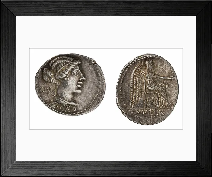 Framed Print : denarius. Porcius Cato, M. (fl. 89 a.C.), monetary officer, Republika Rzymska, issuer Framed Print : denarius. Porcius Cato, M. (fl. 89 a.C.), monetary officer, Republika Rzymska, issuer