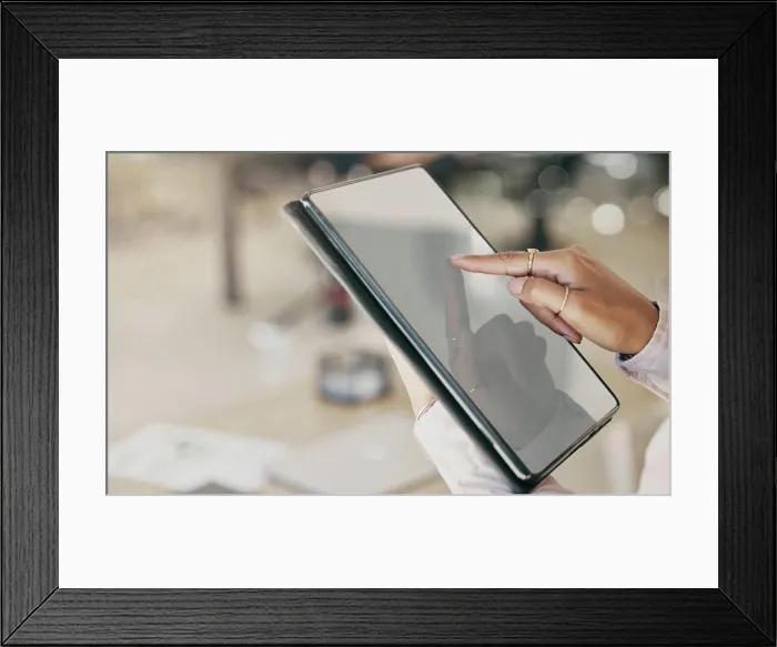 Framed Print : Hands, tablet and screen for business woman for click Framed Print : Hands, tablet and screen for business woman for click