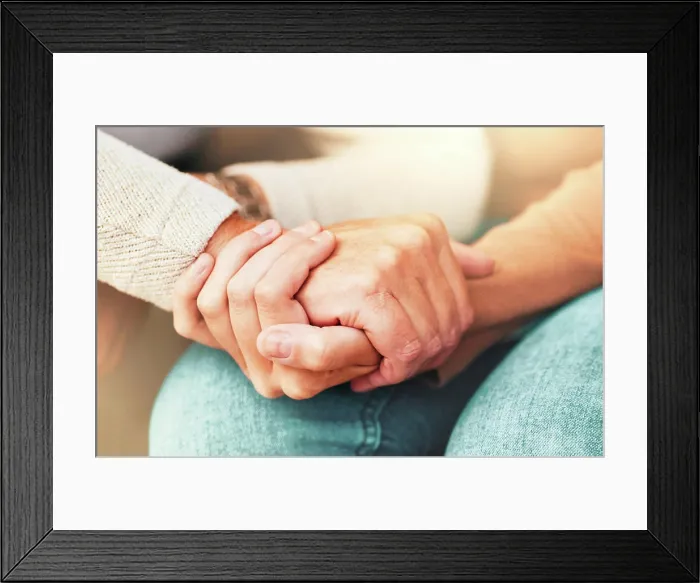 Framed Print : Support, trust and hands, senior care in therapy or grief counseling session Framed Print : Support, trust and hands, senior care in therapy or grief counseling session
