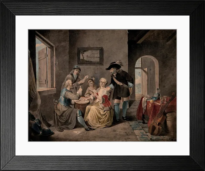 Framed Print : A family playing a game of cards on a drum; one man is wearing part of a suit of armour